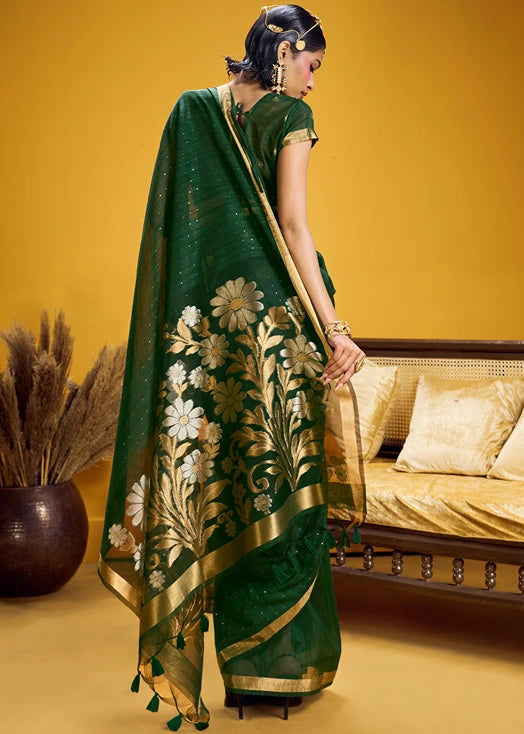 Dark Green and Golden Muga Silk Handloom Weaving Saree