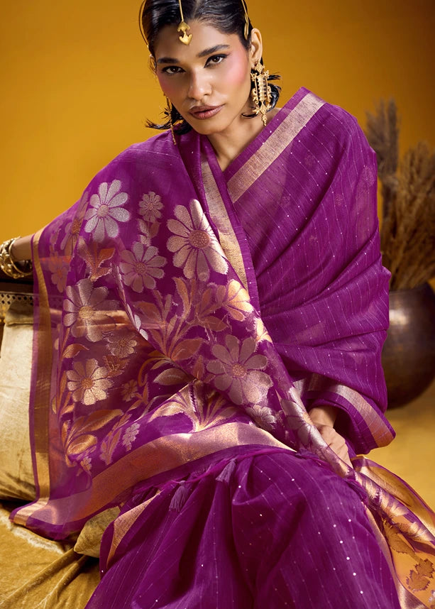 Magenta Pink and Golden Muga Silk Handloom Weaving Saree