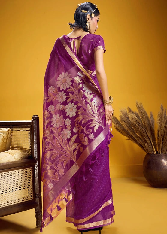 Magenta Pink and Golden Muga Silk Handloom Weaving Saree