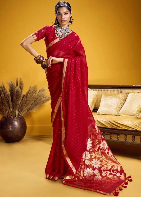 Red and Golden Muga Silk Handloom Weaving Saree