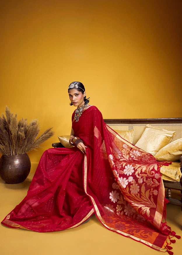 Red and Golden Muga Silk Handloom Weaving Saree