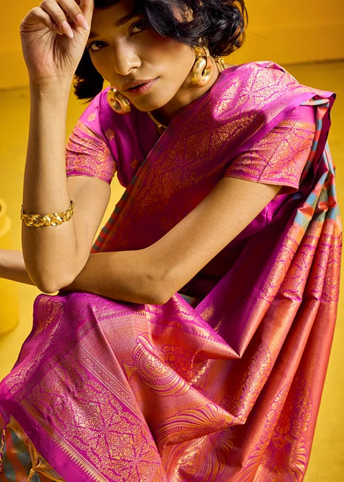 Blue and Magenta Pink Checks Kanjivaram Silk Handloom Weaving Saree