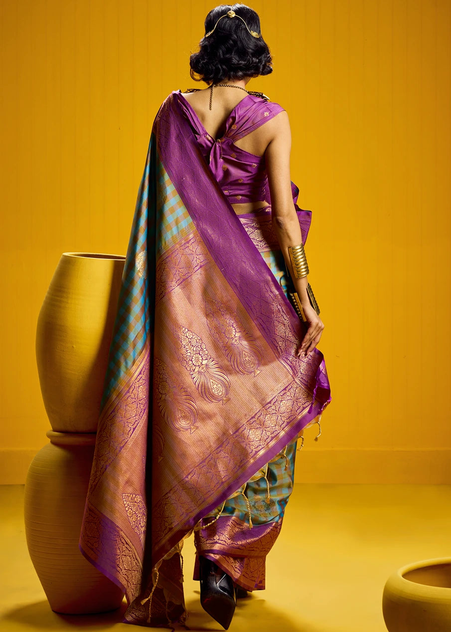 Blue and Magenta Pink Checks Kanjivaram Silk Handloom Weaving Saree