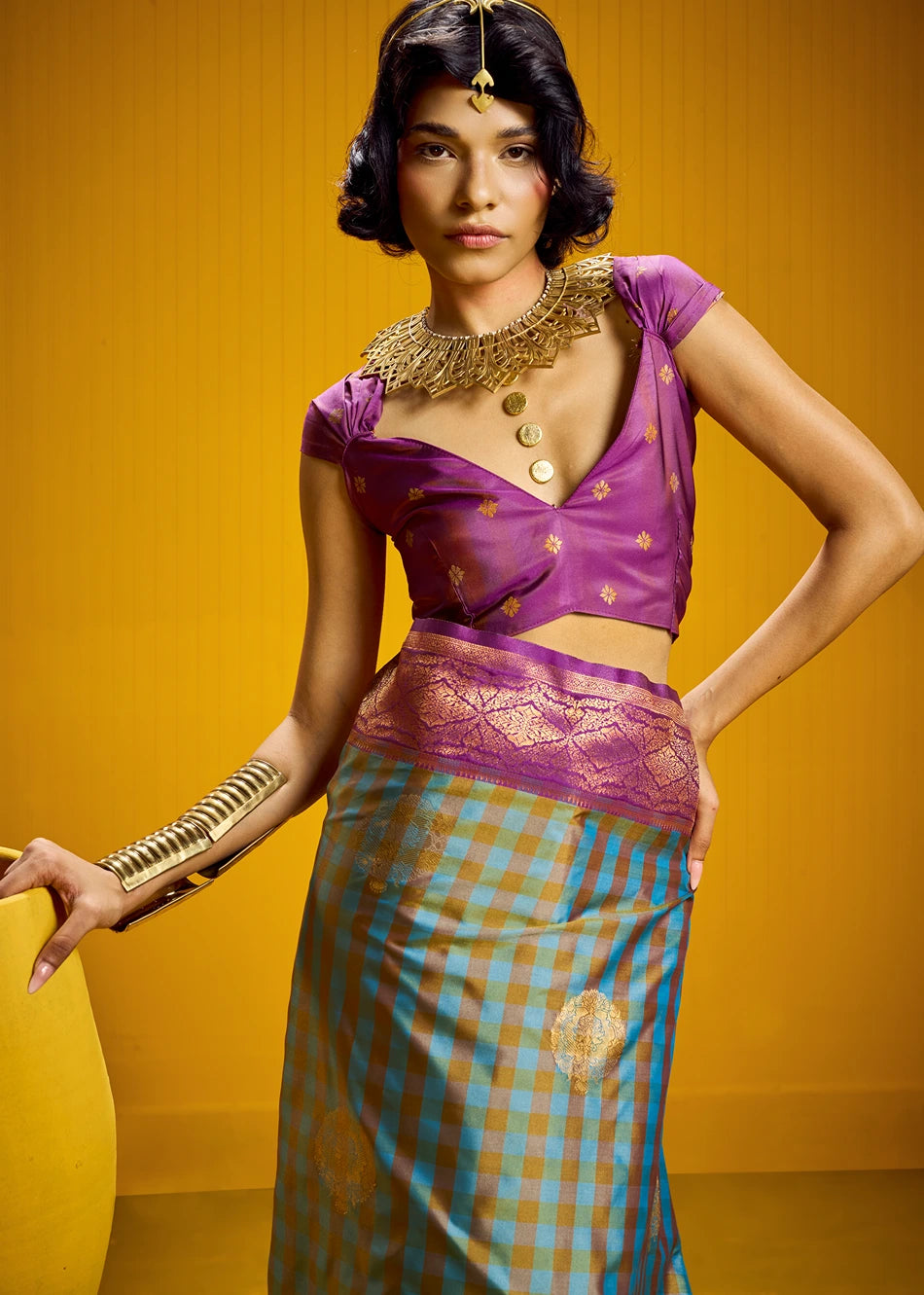 Blue and Magenta Pink Checks Kanjivaram Silk Handloom Weaving Saree