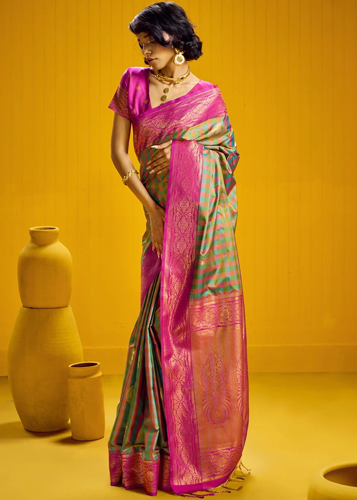 Green and Pink Checks Kanjivaram Silk Handloom Weaving Saree