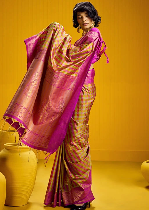 Mustard Yellow and Pink Checks Kanjivaram Silk Handloom Weaving Saree