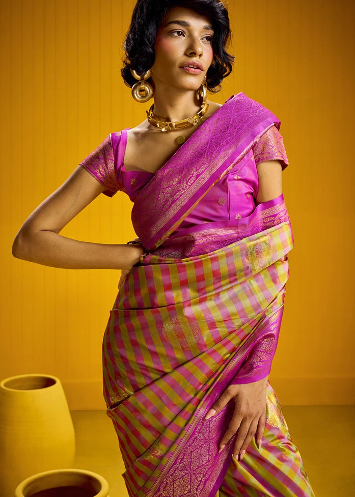 Mustard Yellow and Pink Checks Kanjivaram Silk Handloom Weaving Saree