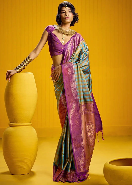 Blue and Magenta Pink Checks Kanjivaram Silk Handloom Weaving Saree