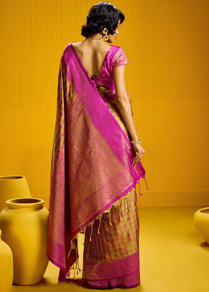 Mustard Yellow and Pink Checks Kanjivaram Silk Handloom Weaving Saree