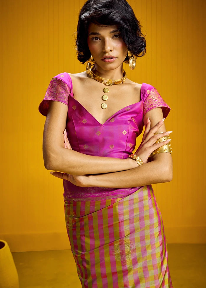 Mustard Yellow and Pink Checks Kanjivaram Silk Handloom Weaving Saree