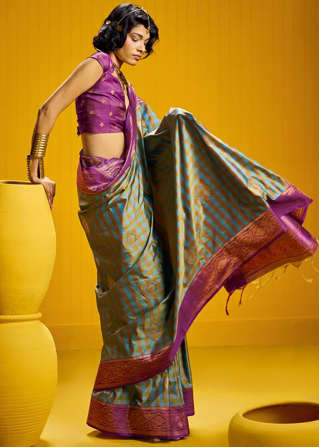Blue and Magenta Pink Checks Kanjivaram Silk Handloom Weaving Saree