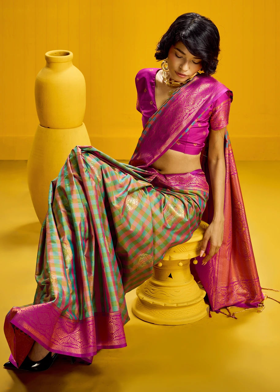 Green and Pink Checks Kanjivaram Silk Handloom Weaving Saree