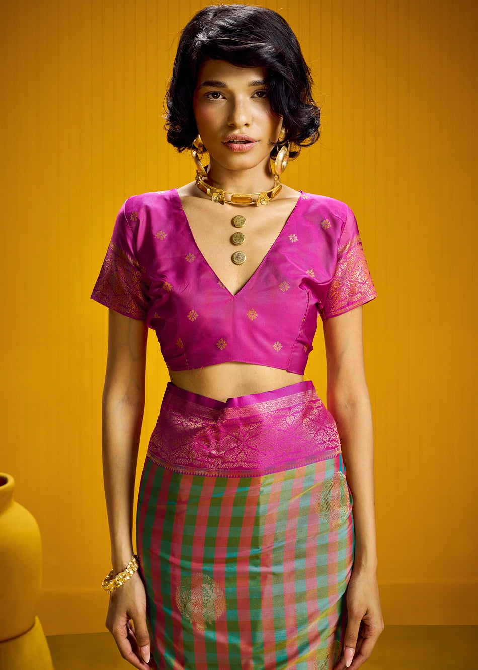 Green and Pink Checks Kanjivaram Silk Handloom Weaving Saree