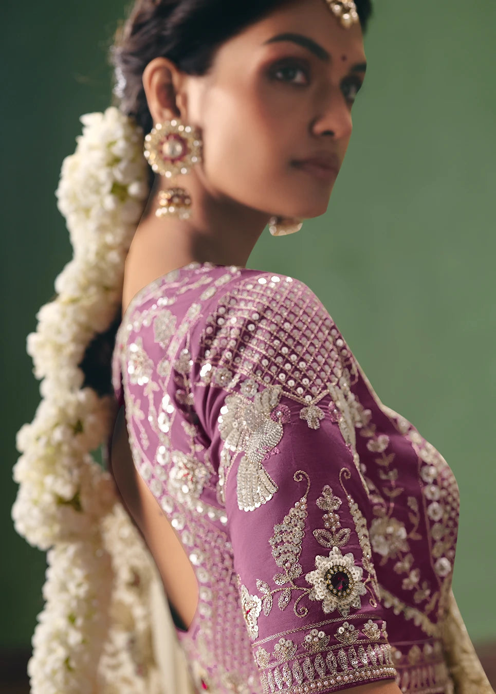 Crushed Organza Tissue Silk Off White Embroidered Saree & Purple Blouse