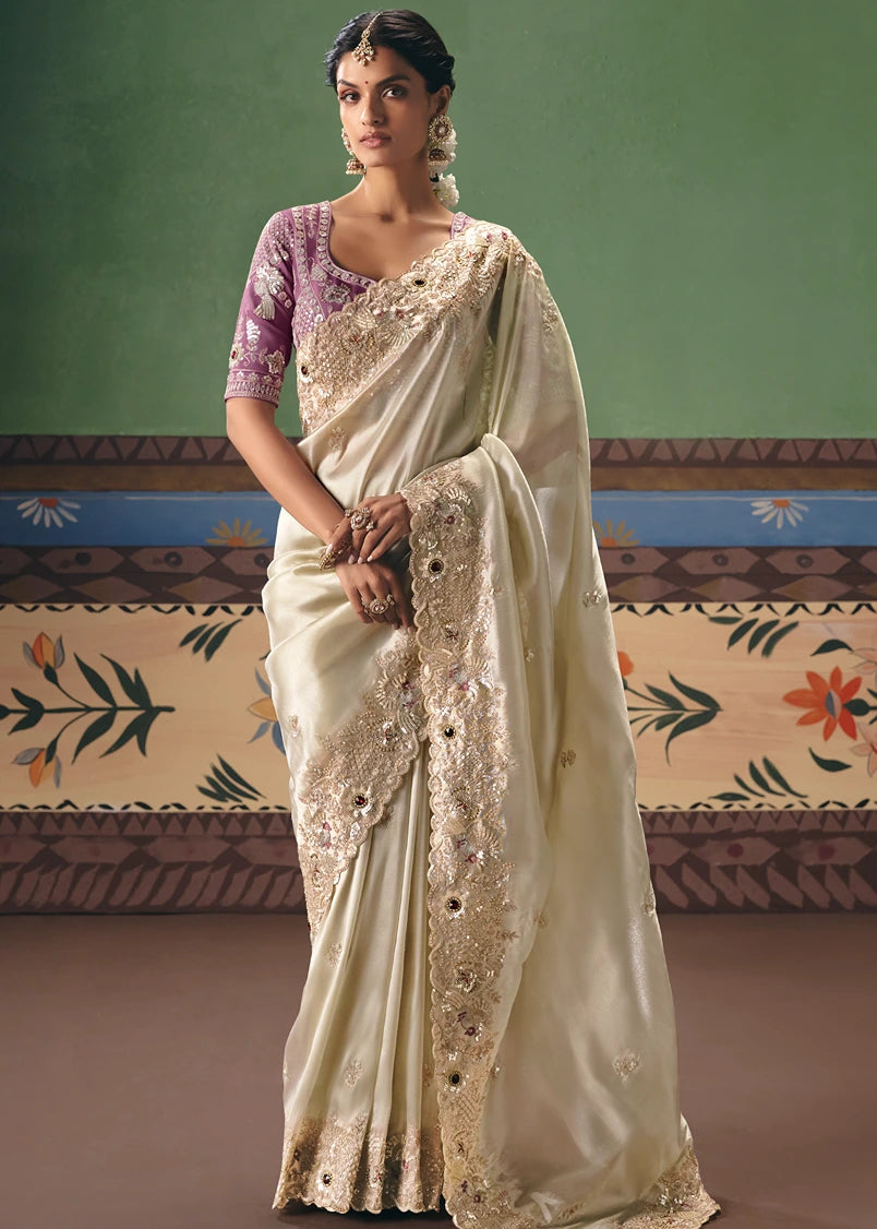 Crushed Organza Tissue Silk Off White Embroidered Saree & Purple Blouse