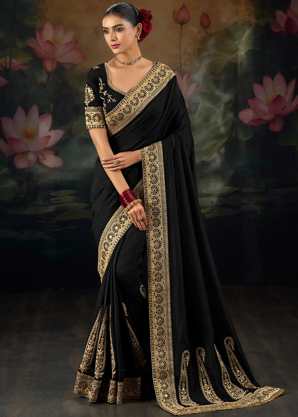 Pure Muga Silk Black & Golden Embroidered Bridal Saree