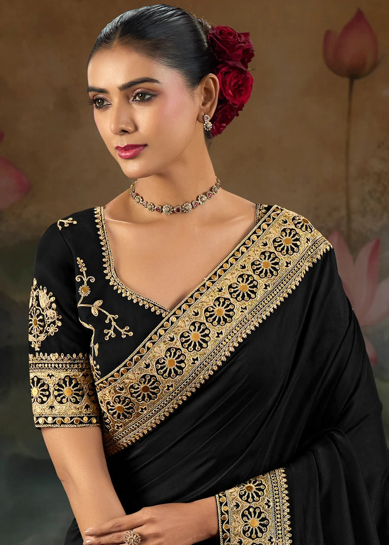 Pure Muga Silk Black & Golden Embroidered Bridal Saree