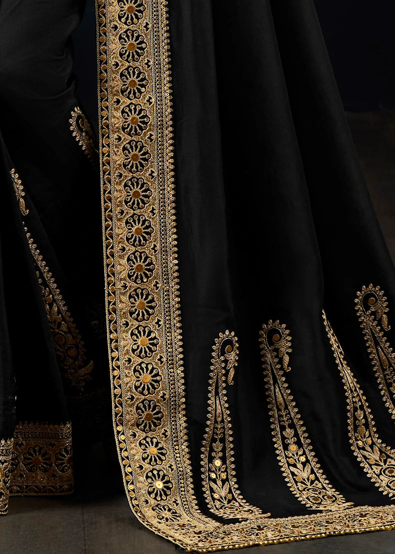 Pure Muga Silk Black & Golden Embroidered Bridal Saree