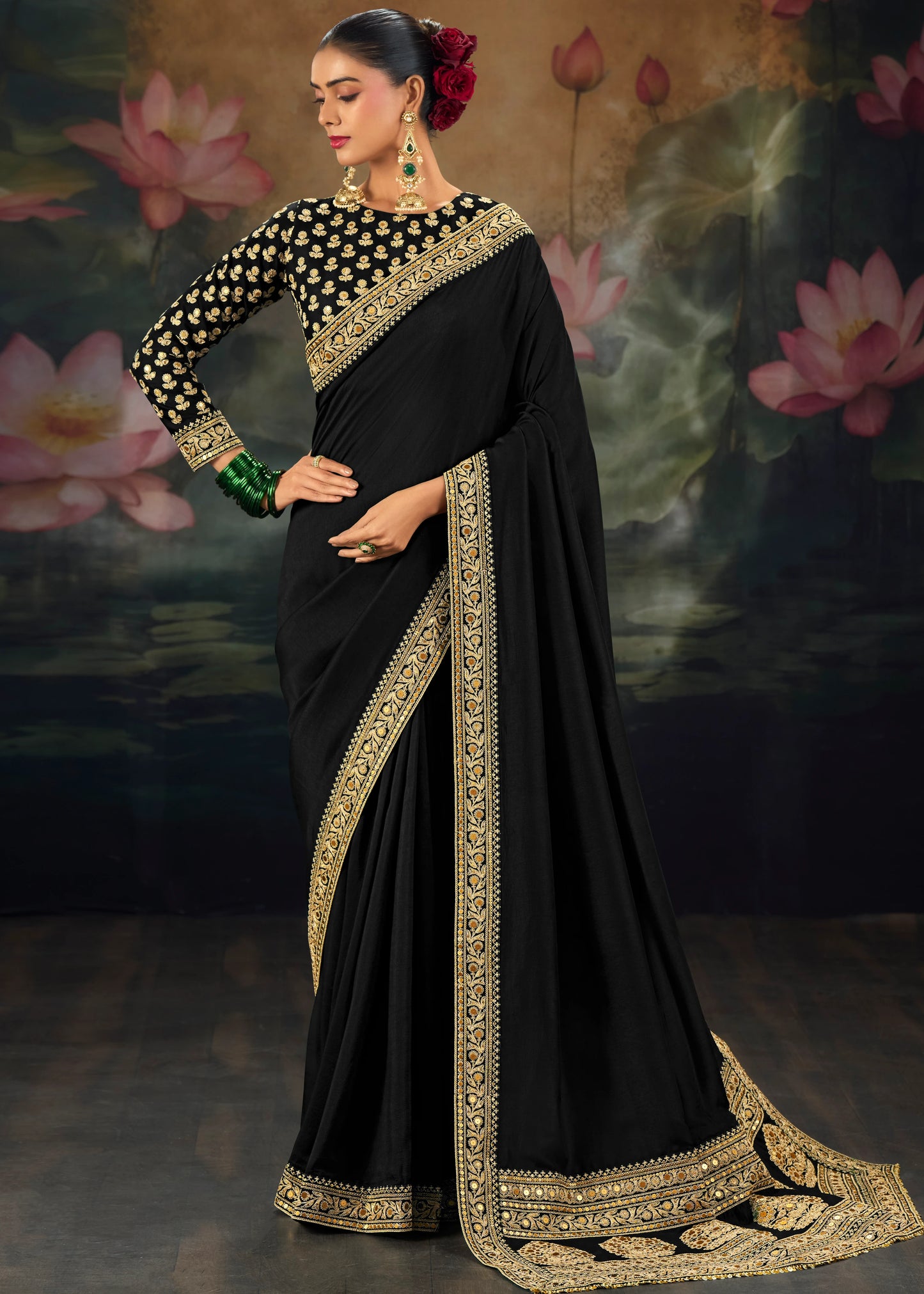 Pure Muga Silk Black & Golden Embroidered Bridal Saree
