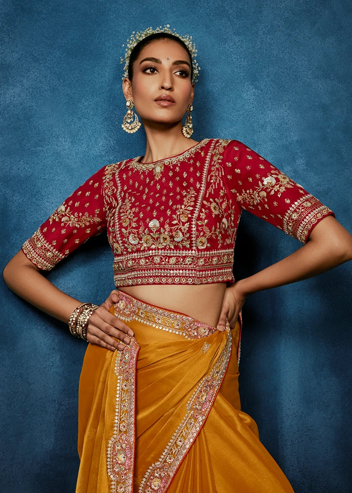 Designer Haldi Yellow Organza Tissue Silk Embroidered Saree with Red Blouse