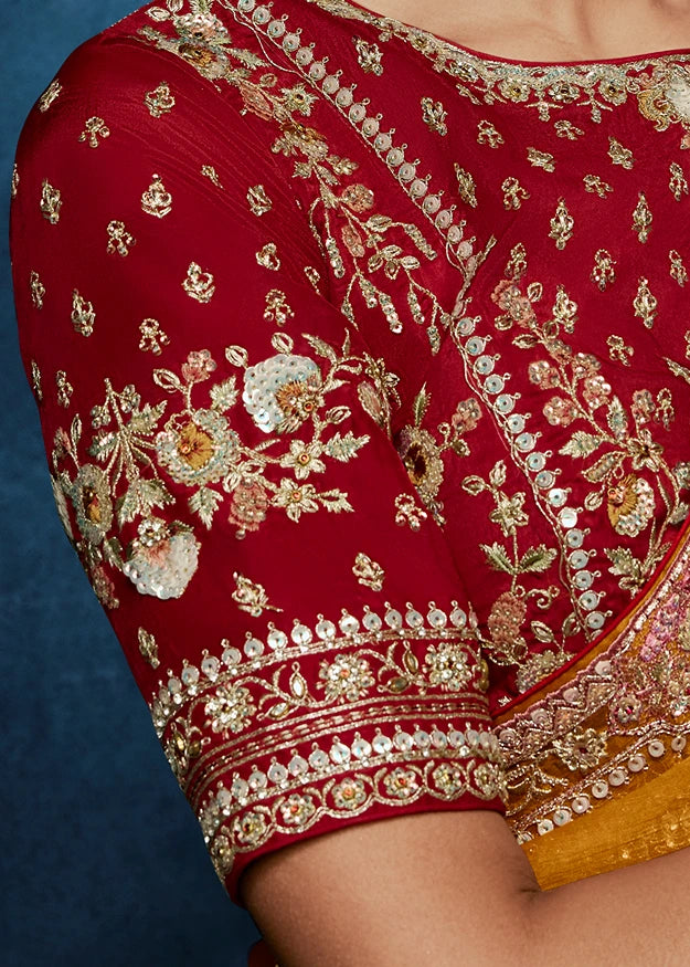 Designer Haldi Yellow Organza Tissue Silk Embroidered Saree with Red Blouse