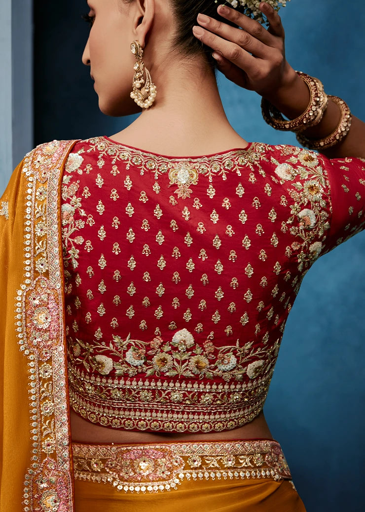 Designer Haldi Yellow Organza Tissue Silk Embroidered Saree with Red Blouse