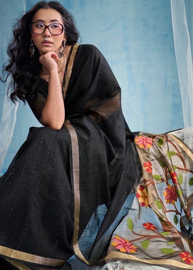 Pure Muga Silk Black & Golden Handloom Paithani Saree