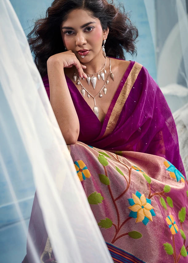 Pure Muga Silk Magenta Pink & Golden Handloom Paithani Saree