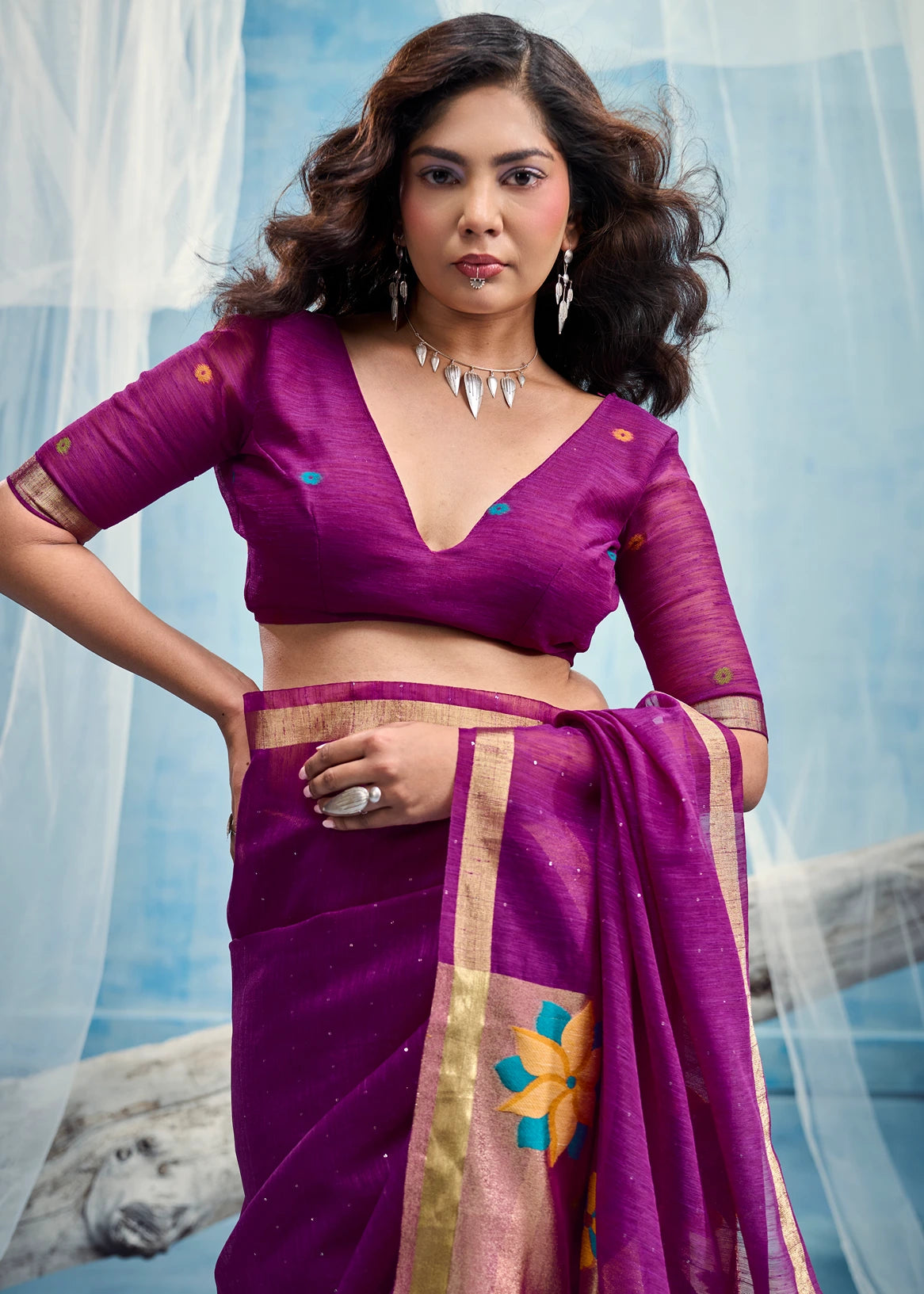 Pure Muga Silk Magenta Pink & Golden Handloom Paithani Saree