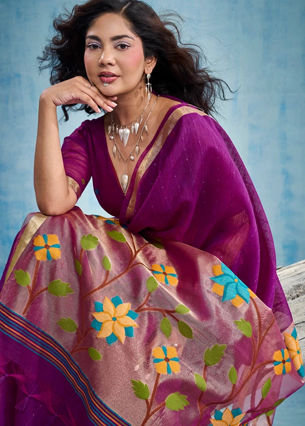 Pure Muga Silk Magenta Pink & Golden Handloom Paithani Saree