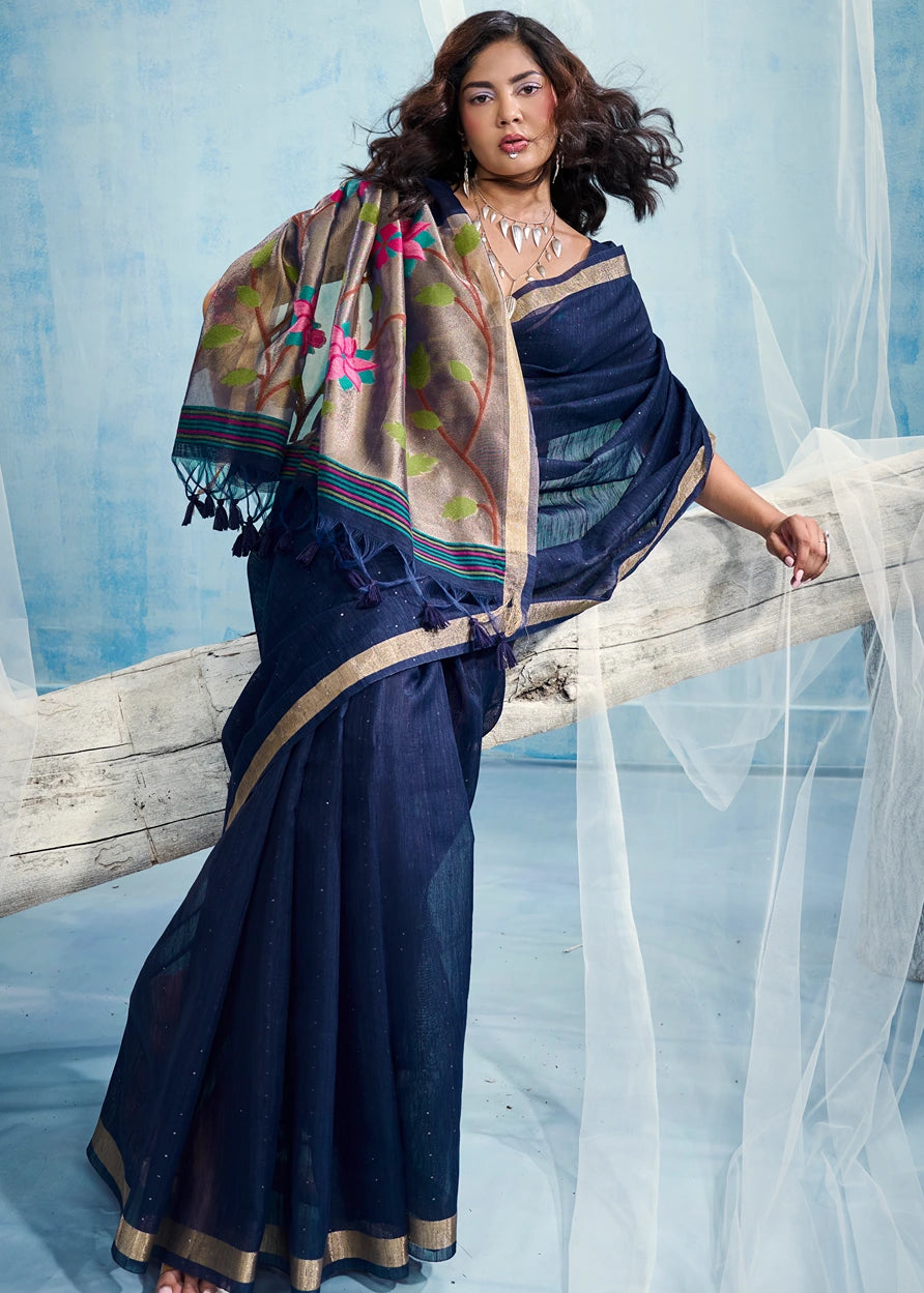 Pure Muga Silk Navy Blue & Golden Handloom Paithani Saree