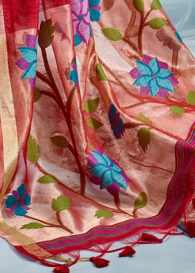 Pure Muga Silk Red & Golden Handloom Paithani Saree