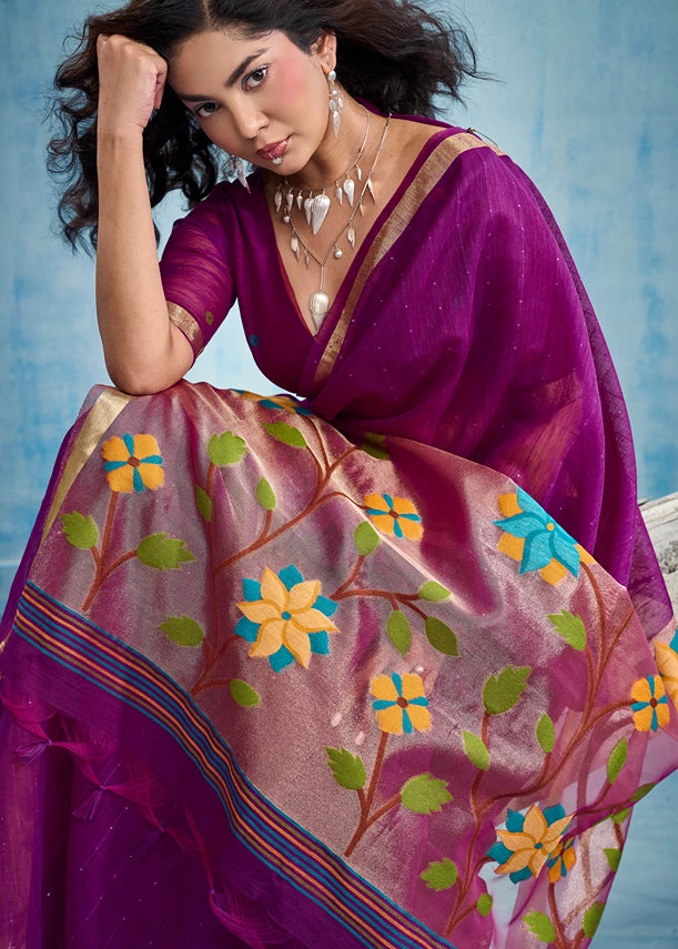 Pure Muga Silk Magenta Pink & Golden Handloom Paithani Saree