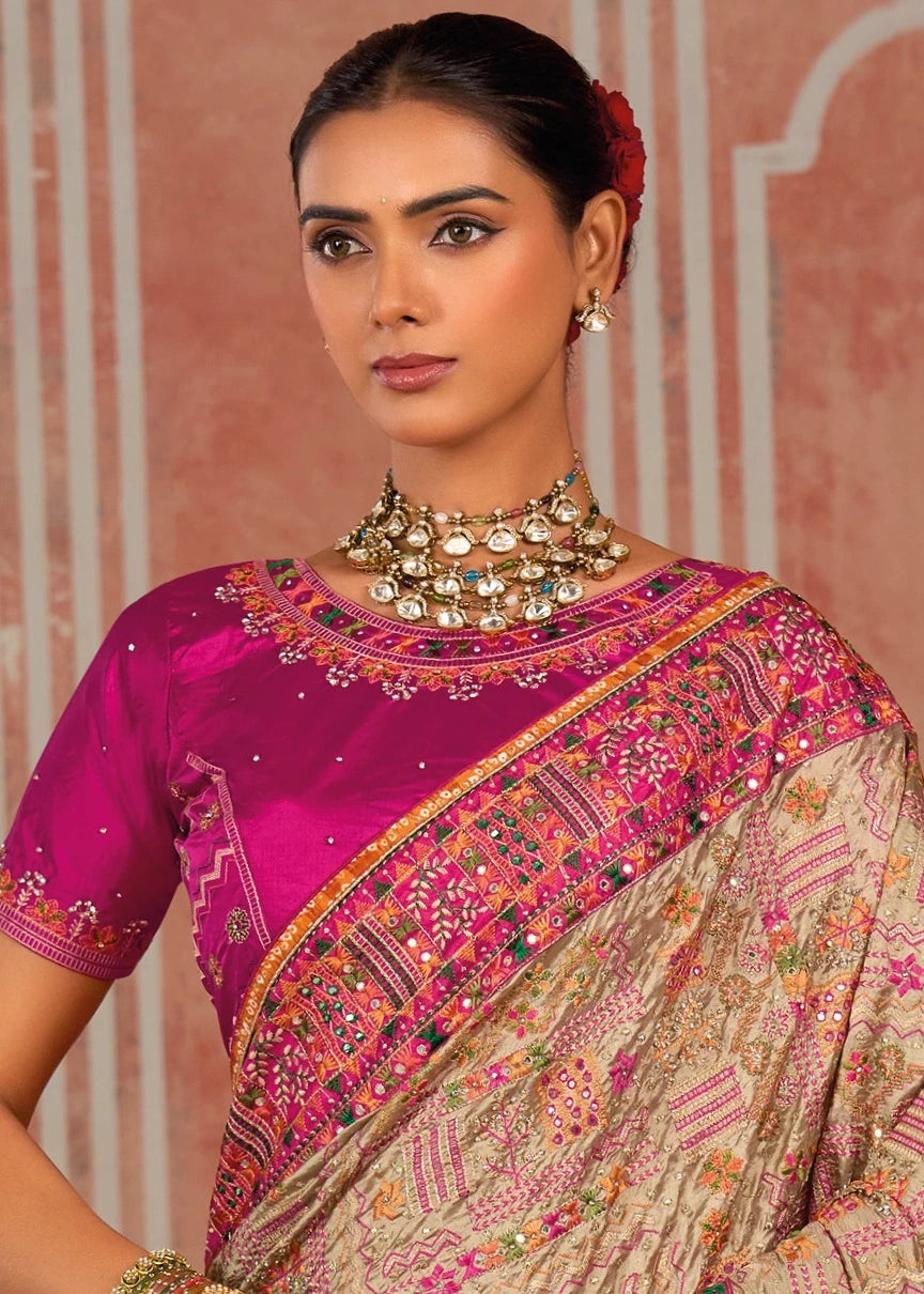 Banarasi Silk Kutchi Bhujodi Beige Saree With Rani Pink Blouse