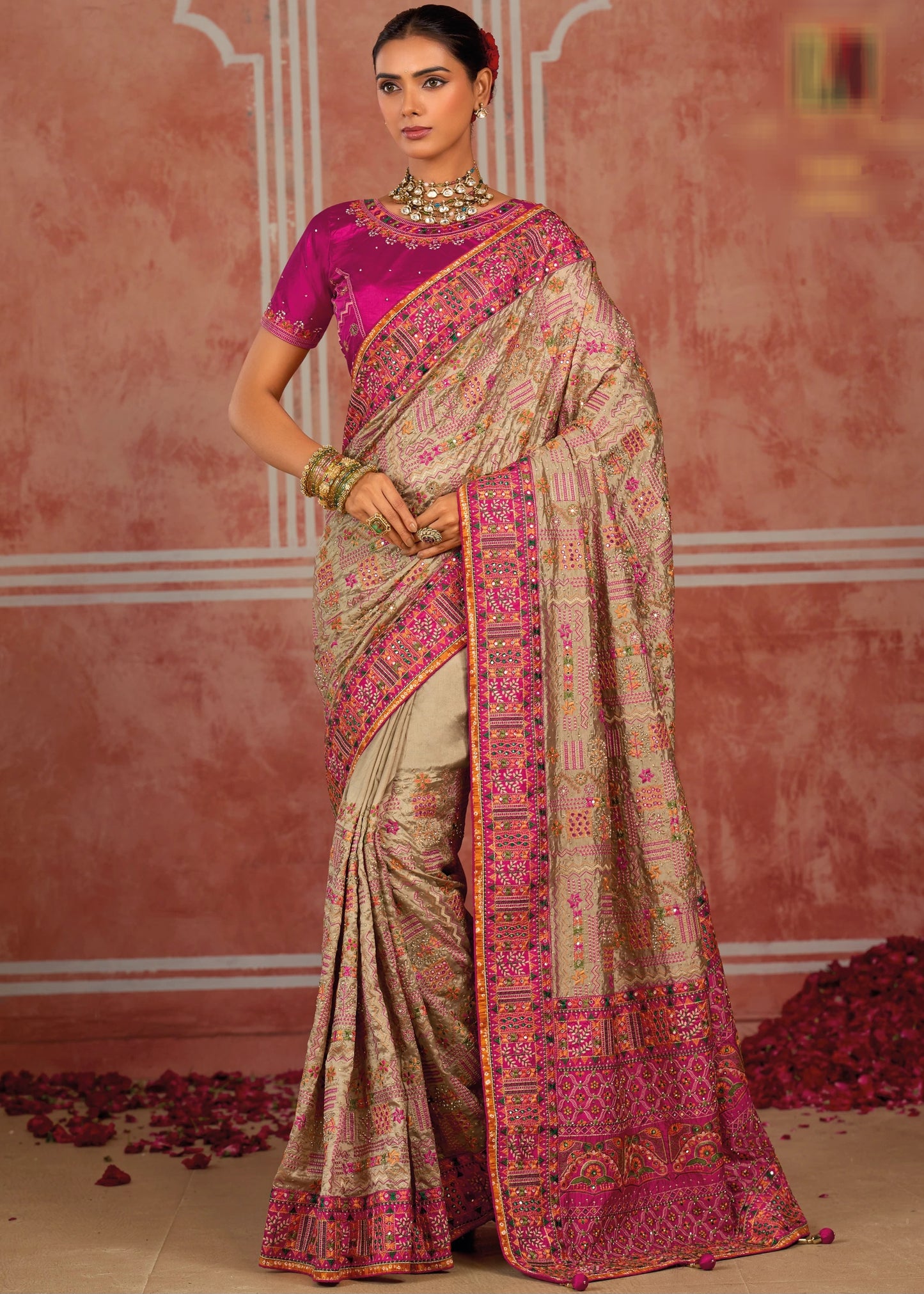 Banarasi Silk Kutchi Bhujodi Beige Saree With Rani Pink Blouse