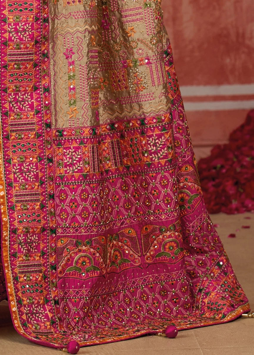 Banarasi Silk Kutchi Bhujodi Beige Saree With Rani Pink Blouse