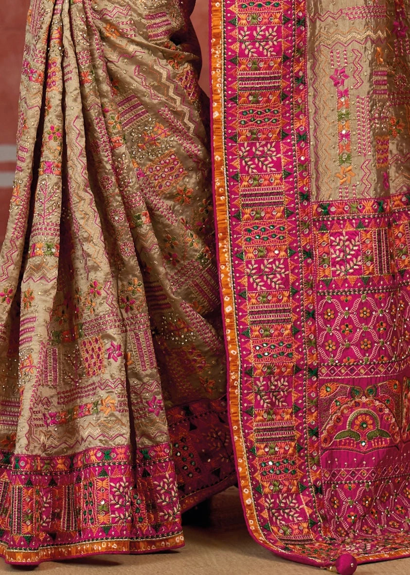 Banarasi Silk Kutchi Bhujodi Beige Saree With Rani Pink Blouse
