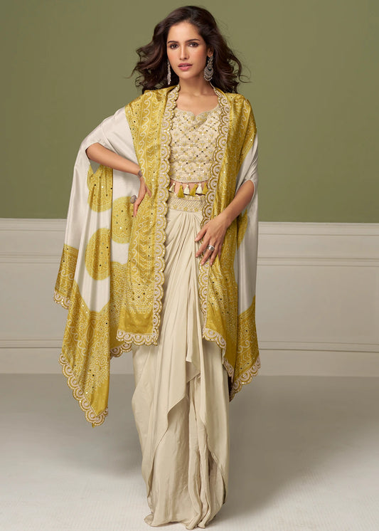 Beige & Yellow Indowestern Co Ord Set