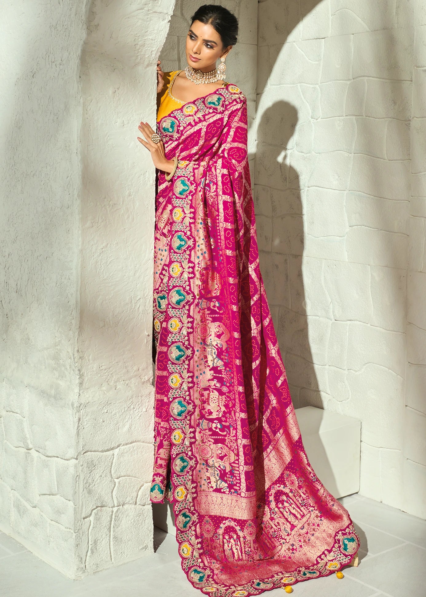 Rani Pink Bandhani Saree With Yellow Blouse