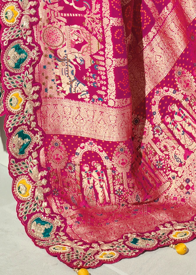Rani Pink Bandhani Saree With Yellow Blouse