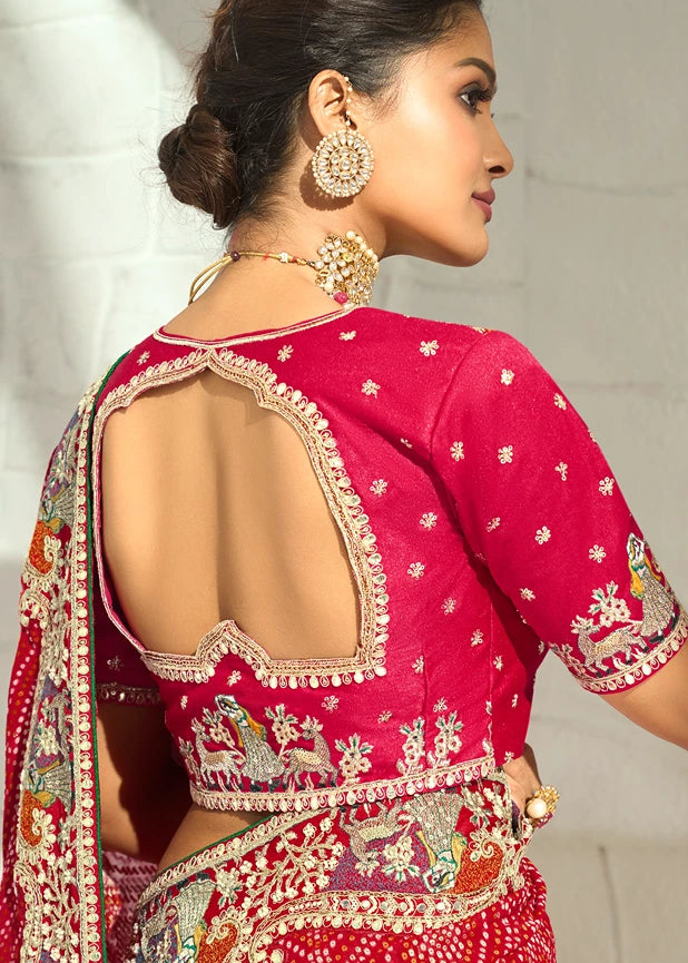 Red Bandhani Saree With Meenakari