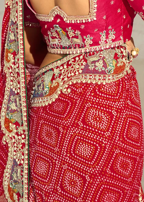 Red Bandhani Saree With Meenakari