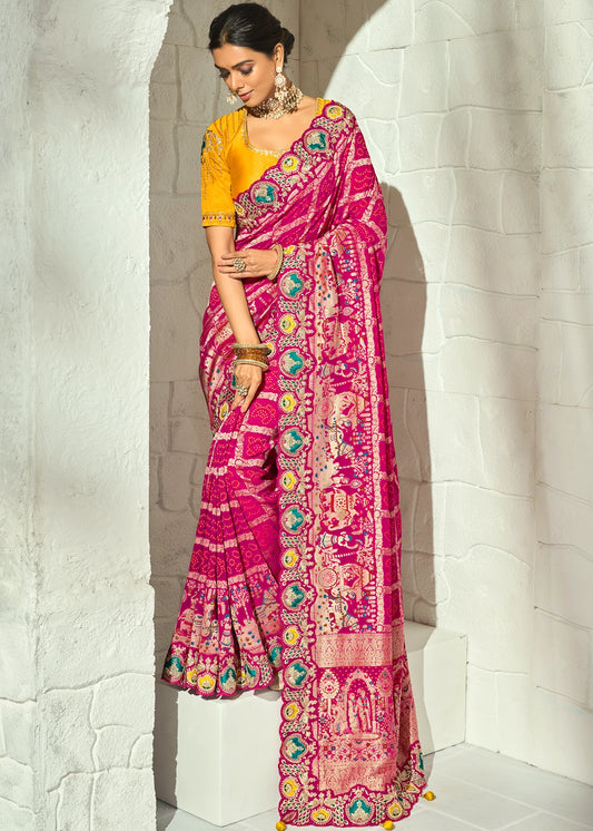 Rani Pink Bandhani Saree With Yellow Blouse