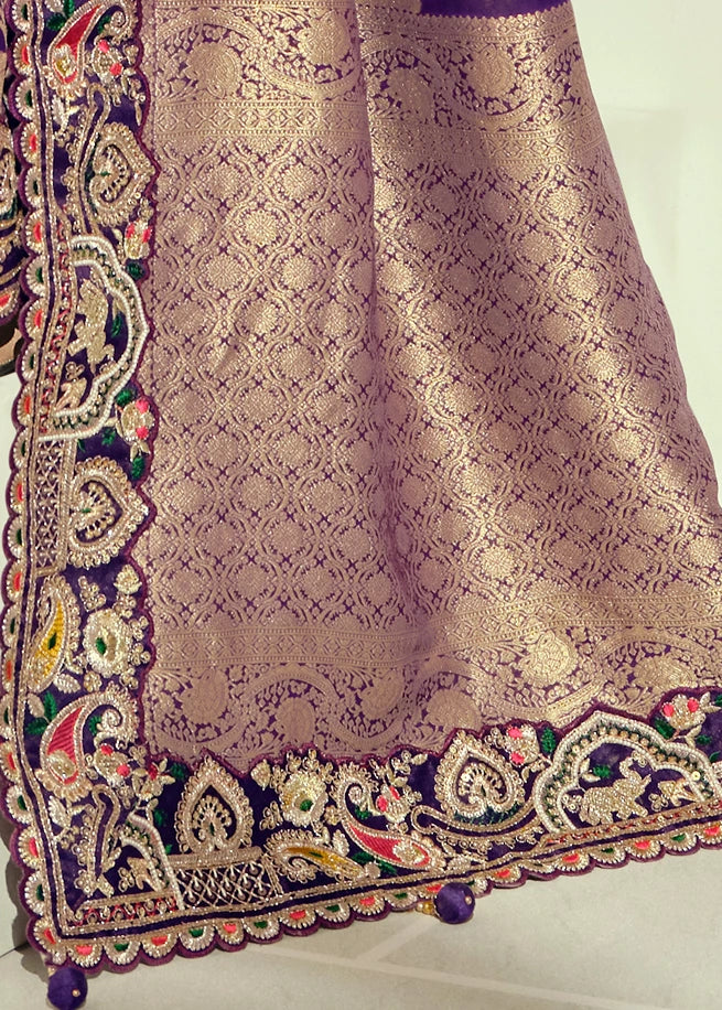 Violet Purple Banarasi Khaddi Georgette Saree & Red Blouse