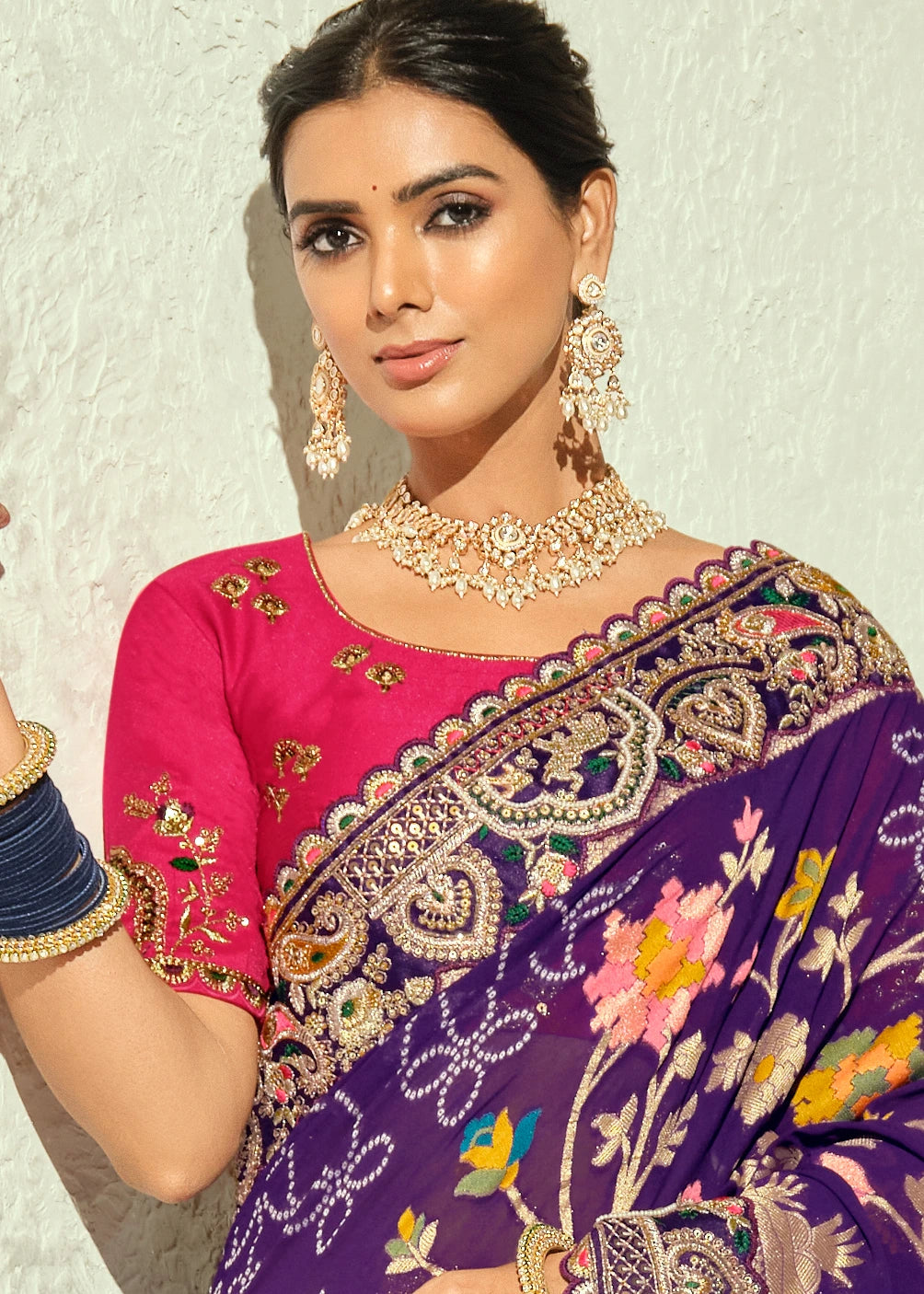 Violet Purple Banarasi Khaddi Georgette Saree & Red Blouse