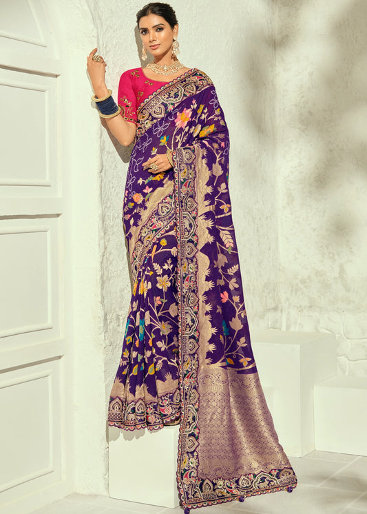 Violet Purple Banarasi Khaddi Georgette Saree & Red Blouse