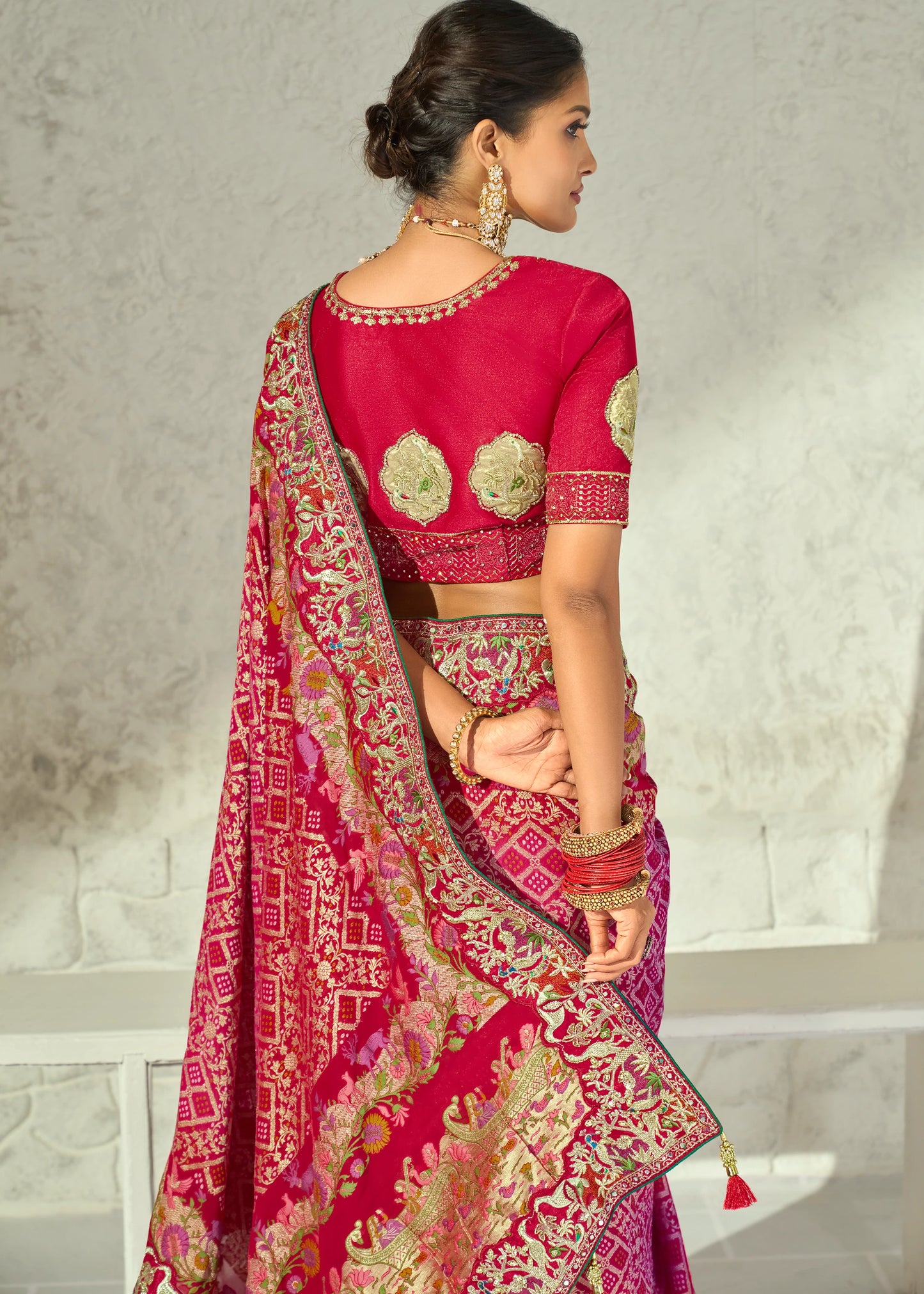 Rani Pink Bandhani Saree With Red Blouse