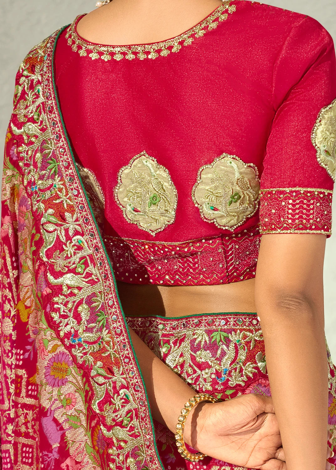 Rani Pink Bandhani Saree With Red Blouse