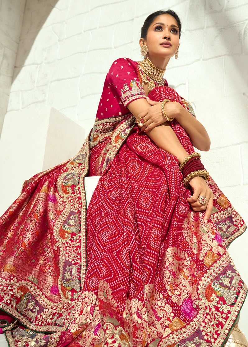 Red Bandhani Saree With Meenakari