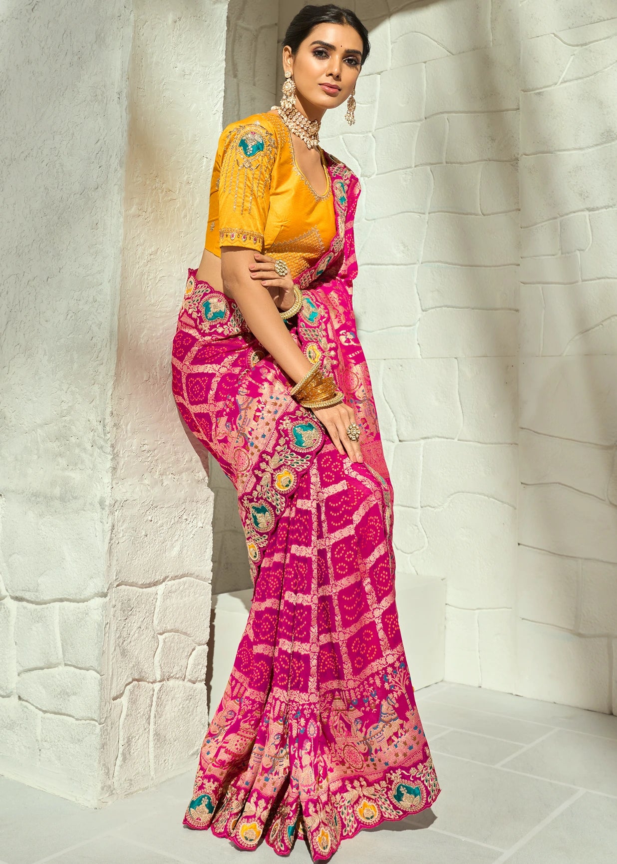 Rani Pink Bandhani Saree With Yellow Blouse